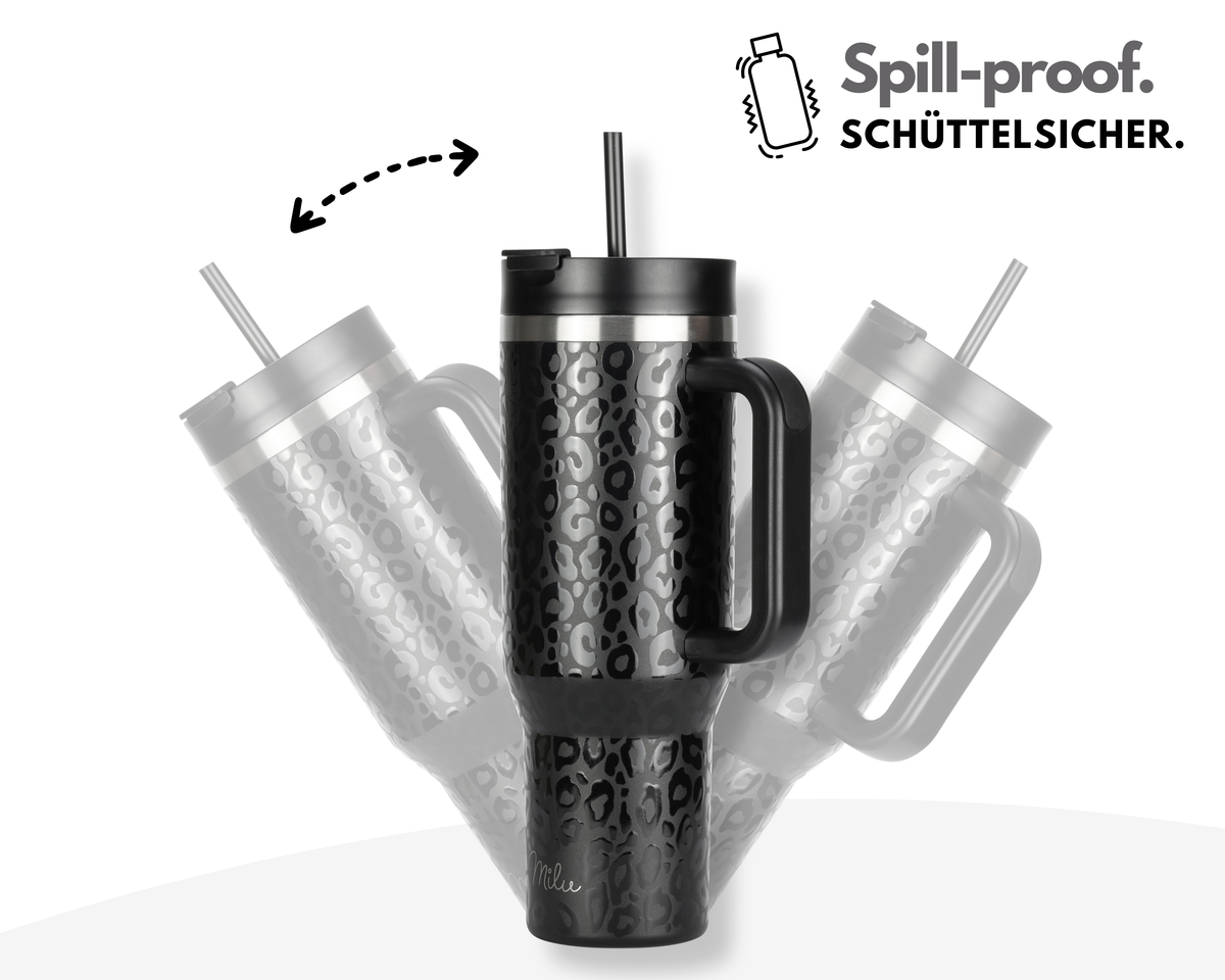 Milu Edelstahl Tumbler-Set 1200 ml, 3-tlg., 3D Leoparden-Print, mit Trinkhalm