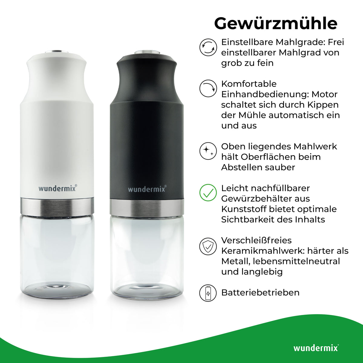 WunderSpicer® | Elektrische Salz- oder Pfeffermühle mit Keramik-Mahlwerk