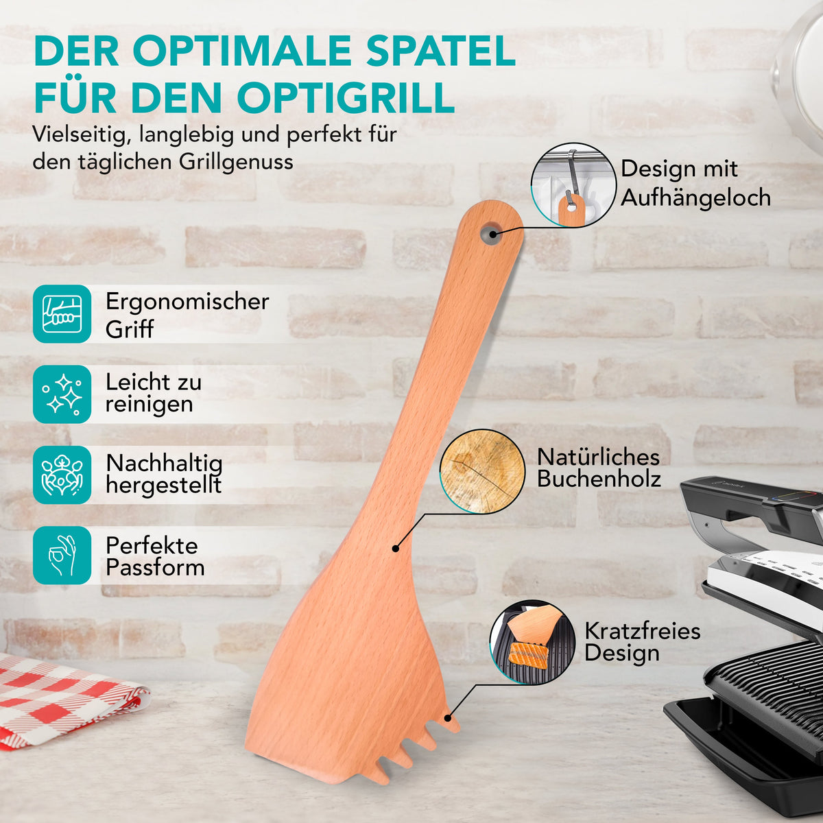 OptiSpatel® | Pfannenwender aus Buchenholz für Tefal OptiGrill & OptiGrill XL